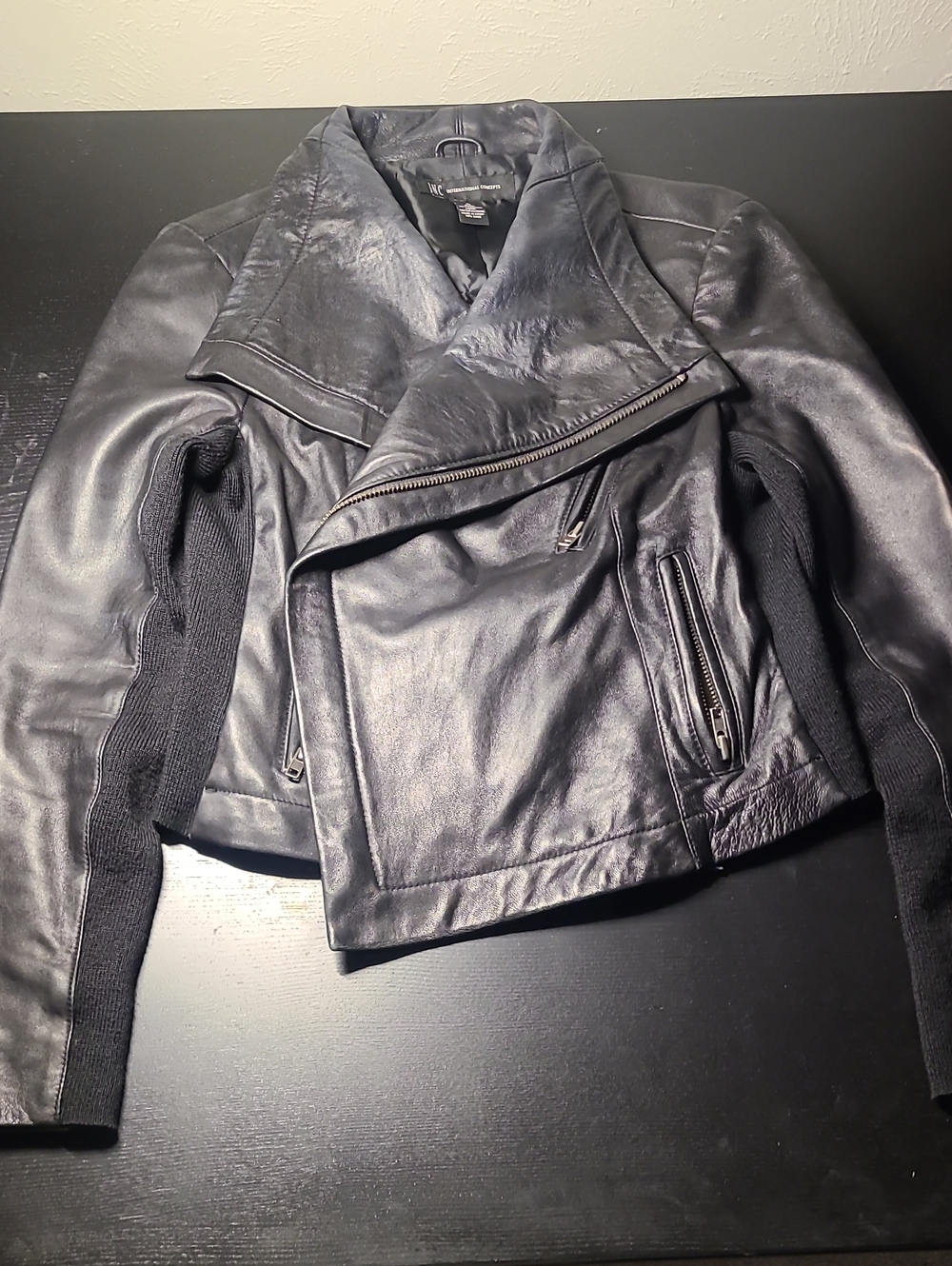 INC International Concepts Black Leather Moto Jacket with Knit Sleeves